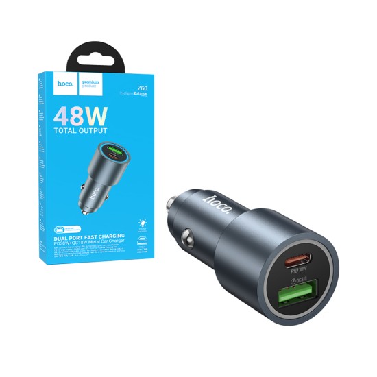 Hoco Car Charger Z60 Multiprotocol Bloom 2 Port USB+Type-C 48W Metallic Gray